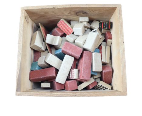 Vintage toy construction bricks and Hornby tin plate trunk