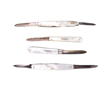 Two silver pocket folding fruit knives, having mother-of-pearl grip scales, together with two pen knives