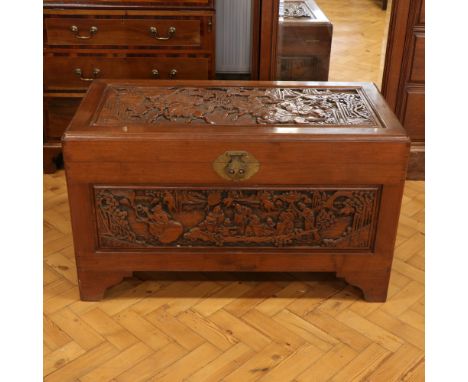 A mid 20th Century Chinese carved camphor wood chest, 102 cm x 52 cm x 62 cm