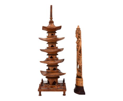 A Chinese carved wooden model pagoda, early 20th Century, together with an Indian / South Asian carved wooden Bodhisattva, fo