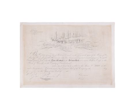 A Carlisle Navigation Canal pro-forma share certificate, incorporating an engraved vignette of the canal banks packed with we