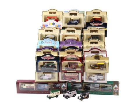 A group of Matchbox, Corgi and other diecast model cars and vans, etc, including "Railway Express Parcel Vans of the 1930s"