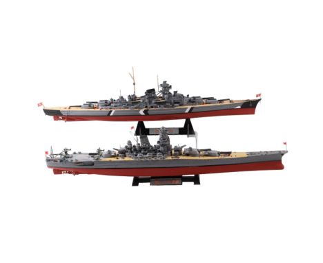Two Tamiya model battleships, The Bismark and the Yamato, 1:35 scale, 74 cm