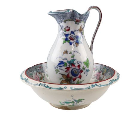 A Victorian transfer printed and hand tinted ewer and wash basin, ewer 34 cm
