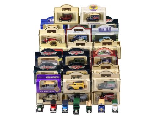 A group of Matchbox, Corgi and other diecast model cars and vans, etc, including "Railway Road Vehicles of the Early 1900's"