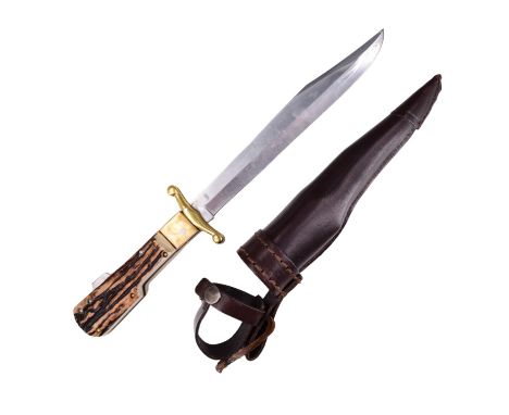 A sporting knife with pattern-welded blade, having stag antler and horn grip scales with brass combined bolster and finger gu