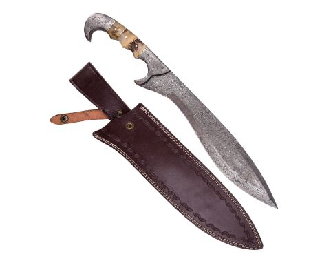 A US kopis-like knife having a pattern-welded blade, having horn grip scales, in tooled leather scabbard with Oklahoma seal p