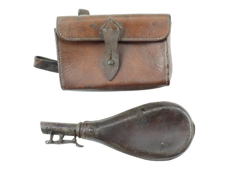 A leather shot flask together with a saddlery sandwich box case