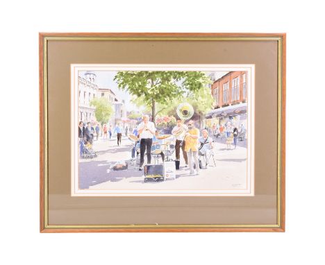 R A Keith (Cumbrian, contemporary)"The Jazz Band, Carlisle", a study of the city centre bathed in sunlight as a jazz band pla