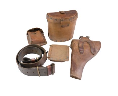 A British Army / Home Guard 1939 Pattern leather holster, belt, pistol ammunition pouches and binoculars case