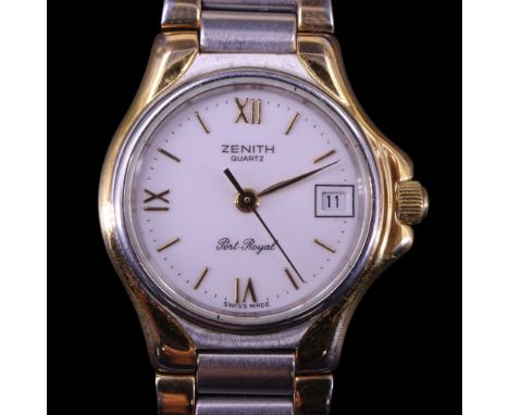 A lady's Zenith Port-Royal quartz wristwatch, having a circular white face with gilt Roman numerals at the quarters, baton ma
