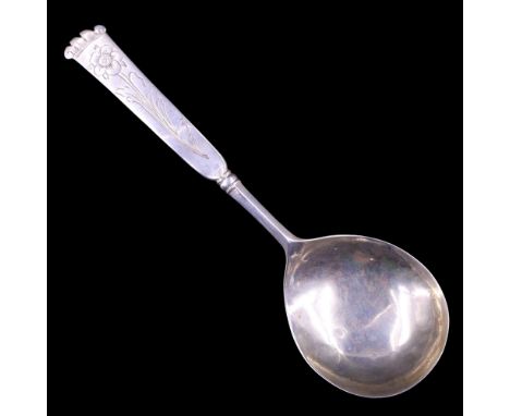 An 18th Century Norwegian silver spoon, having a fig-shaped bowl and spatulate stem engraved in depiction of a solitary flowe