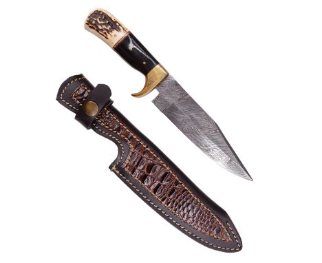 A German Linder Saufanger folding sporting knife, having stag antler grip scales and a locking blade, 31 cm open