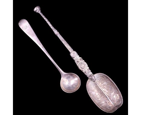 A George V silver miniature reproduction of the 1910 Royal Coronation anointing spoon, together with a Georgian silver salt s