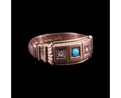 An Edwardian turquoise, seed pearl and 9 ct gold finger ring, P, 1.5 g