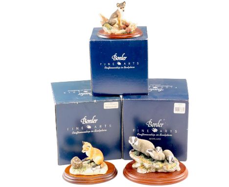 Three Border Fine Arts figurines comprising First Time Out, Badgers and Fox Cub with Hedgehog, tallest 12 cm
