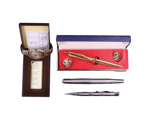 A vintage Parker pen together with a gold-plated pen and cufflinks set, a Yard-o-Led rhodium-plated mechanical pencil, a roll