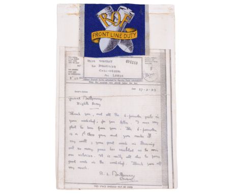 An Airgraph from General Montgomery to a Home Front munitions worker, with affixed cloth badge, being a response to a letter 
