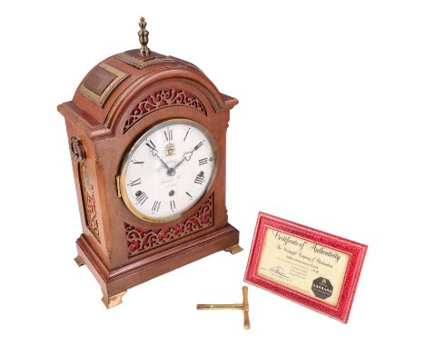 A Garrard &amp; Co brass mounted mahogany 350th anniversary of The Worshipful Company of Clockmakers commemorative bracket cl