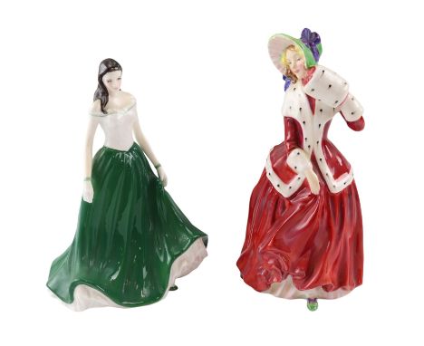 A Royal Doulton "Christmas Morn" lady together with a Royal Worcester figurine, tallest 19 cm