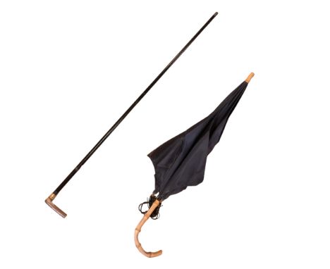 A late 19th / early 20th Century horn-handled and rolled-gold-collared ebonized walking stick, together with a vintage bamboo