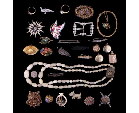 A group of antique and vintage costume jewellery including an Irish Connemara marble and rolled god Celtic penannular brooch,