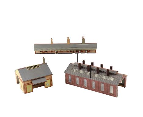 A quantity of "O" gauge model railway platform and ticket office, signal box, signals etc