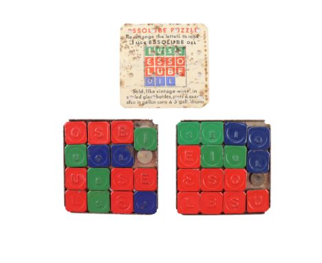 [ Classic car ] Two vintage Essolube puzzles, promoting Esso lubricants, with instructions to re-arrange the letters to read 
