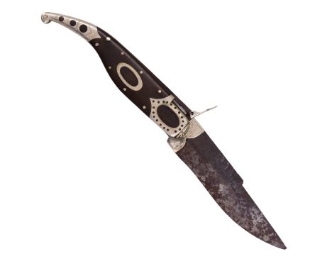 A late 19th Century Spanish Navaja style folding pocket knife, having Vulcanite and German silver grip scales, 23 cm opened