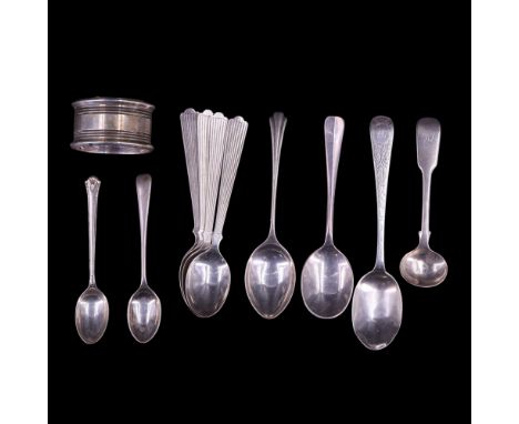 A silver napkin ring and sundry Victorian and later silver spoons, 154 g