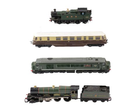 A Bachmann model railway locomotive, Lima locomotive and tender, Mainline diesel locomotive and Lima locomotive, all EM gauge