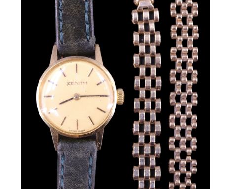 A lady's Zenith 9 ct gold wristwatch, having a calibre 165 movement and circular brushed gilt face with baton markers and sle