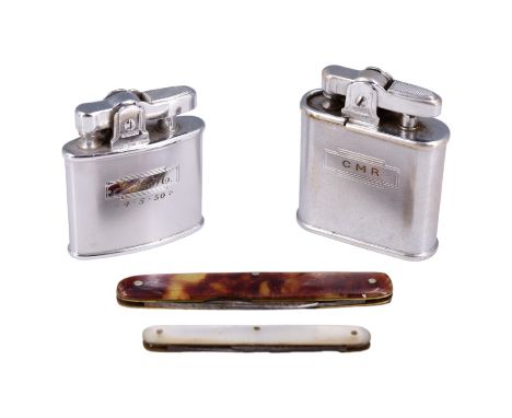 Two vintage Ronson petrol cigarette lighters together with a mother-of-pearl and a tortoiseshell folding pocket knife