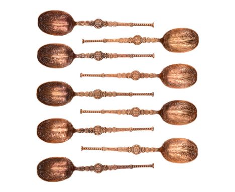 Nine early 20th Century copper spoons modelled after the Coronation spoon, 11cm