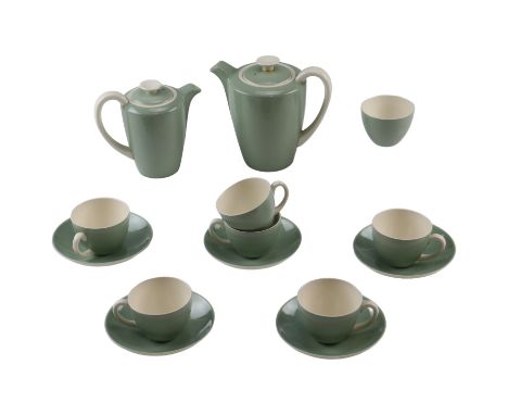 A Poole Pottery green and white coffee set, (lacking one saucer)