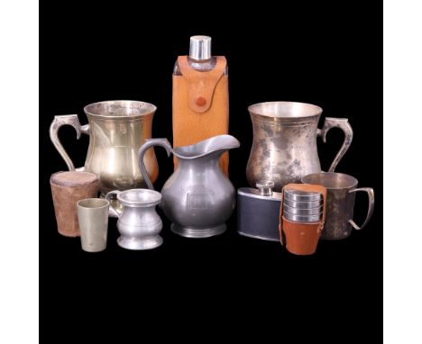 A mid-20th Century hide-bound glass flask and cup set together with sundry nesting toddy cups and other mugs, jugs and measur