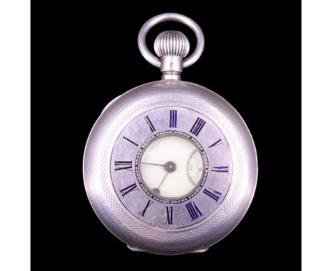 A Swiss silver half-hunter pocket watch having a crown-wound movement and white enamel face with Roman numerals, gilt poker h