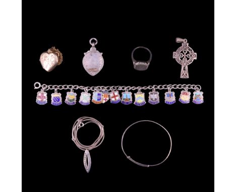 A Scottish silver Celtic cross pendant together with a 1920s silver watch chain fob, an antique silver signet ring, a child's