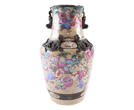 A Chinese famille rose crackle glazed vase decorated with applied dragons and guardian lions, seal mark to the base, 19th Cen