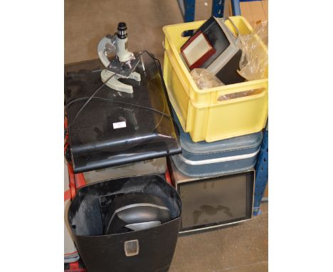 TURNTABLE, PAPER SHREDDER, VINTAGE CASE, MICROSCOPE ETC     