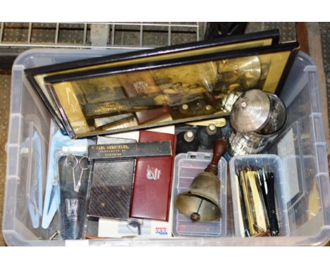 BOX WITH OLD BRASS BELL, VARIOUS VINTAGE BARBER SHOP ACCESSORIES, RAZORS, SCISSORS, FRAMED PRINTS ETC     