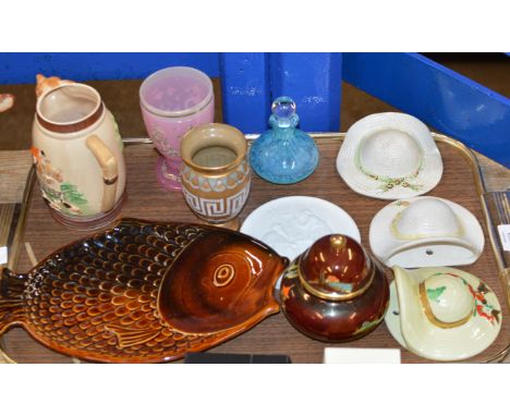 TRAY WITH GENERAL CERAMICS, CARLTON WARE LIDDED JAR, VARIOUS HAT ORNAMENTS, CAITHNESS GLASS SCENT BOTTLE &amp; STOPPER, DOULT