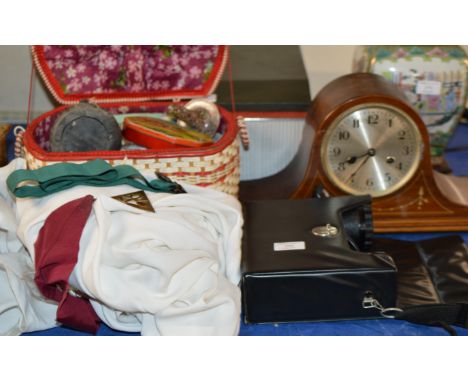 CASED PAIR OF BINOCULARS, MASONIC STYLE GOWN, MAHOGANY MANTLE CLOCK &amp; SEWING BOX WITH ACCESSORIES     
