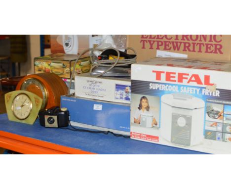 VARIOUS BOXED SERVING WARE, TEA WARE, TEFAL FRYER, 2 CLOCKS &amp; VINTAGE CAMERA     