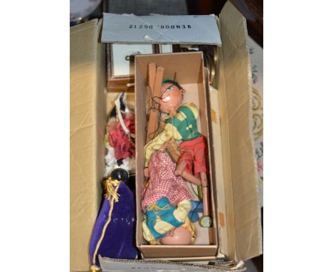 BOX WITH VINTAGE PELHAM STYLE PUPPETS, VARIOUS MINIATURE PICTURES ETC     
