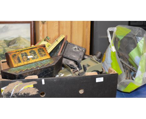 BAG &amp; BOX WITH QUANTITY MODEL RAILWAY TRACK, OLD HALLS TOFFEE TIN, TIN PLATE STATION, ARMY JEEP MODEL ETC     