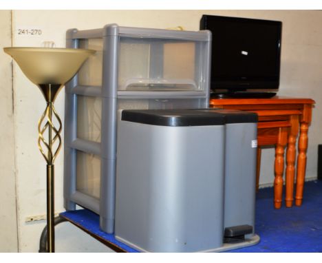 KITCHEN BIN, STORAGE UNIT, NEST OF TABLES, SMALL TV &amp; FLOOR LAMP     