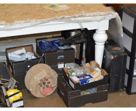 VARIOUS BOXES WITH ASSORTED TOOLS, FITTINGS ETC, PLASTIC STORAGE TOWER, WOODEN TOOL BOX ETC     