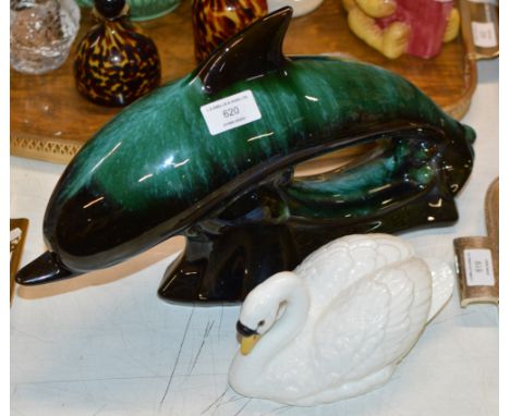 LARGE POOLE STYLE POTTERY DOLPHIN ORNAMENT &amp; AYNSLEY SWAN ORNAMENT     