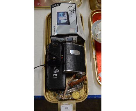 TRAY CONTAINING WRIST WATCHES, SAT NAV SYSTEM, HIP FLASK ETC     